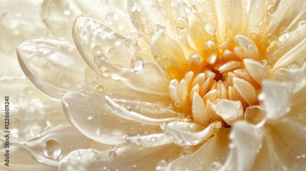 Poster a close-up of a flower with clear water droplets gently resting on its petals, creating a serene, tr