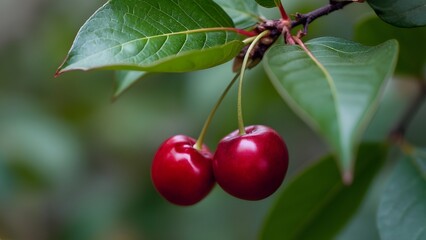 Obraz premium Close-Up of Red Cherries Hanging from a Tree with Lush Green Leaves