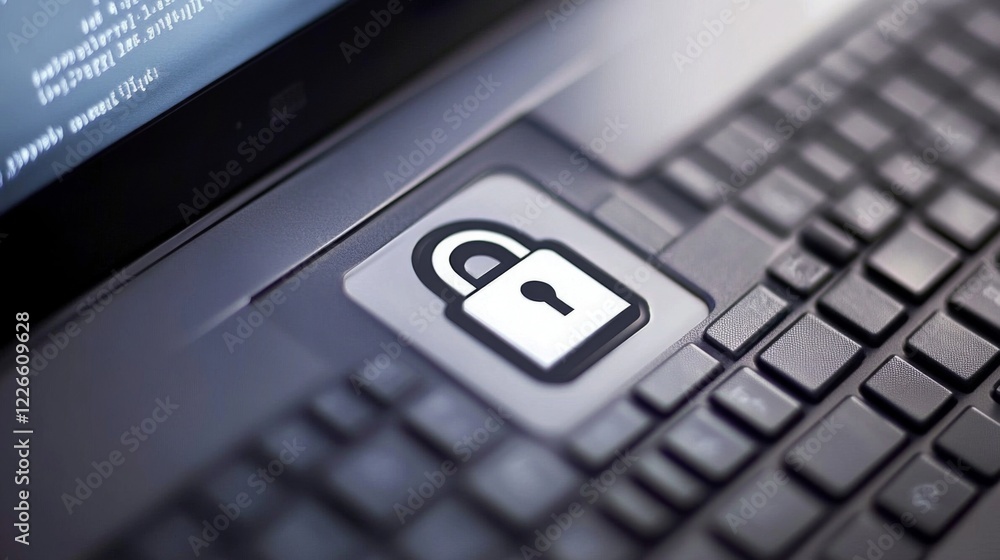 Poster a close-up of a laptop with a security lock icon on the screen, symbolizing protection of personal d