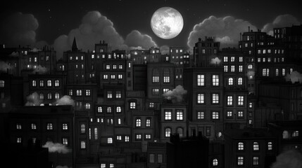 Moonlit Cityscape with Cloudy Skies and Illuminated Buildings