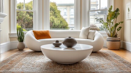 Modern Living Room with Curved Sofa and Minimalist Decor Elements