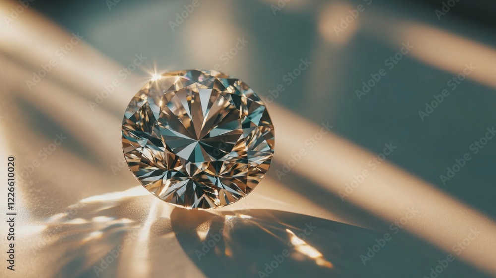 Poster a close-up of a radiant round diamond with intricate facets reflecting light on a white surface.
