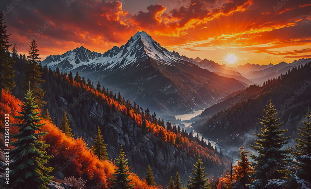 Poster a mountain range with a sunset in the background. the sun is setting behind the mountains, casting a