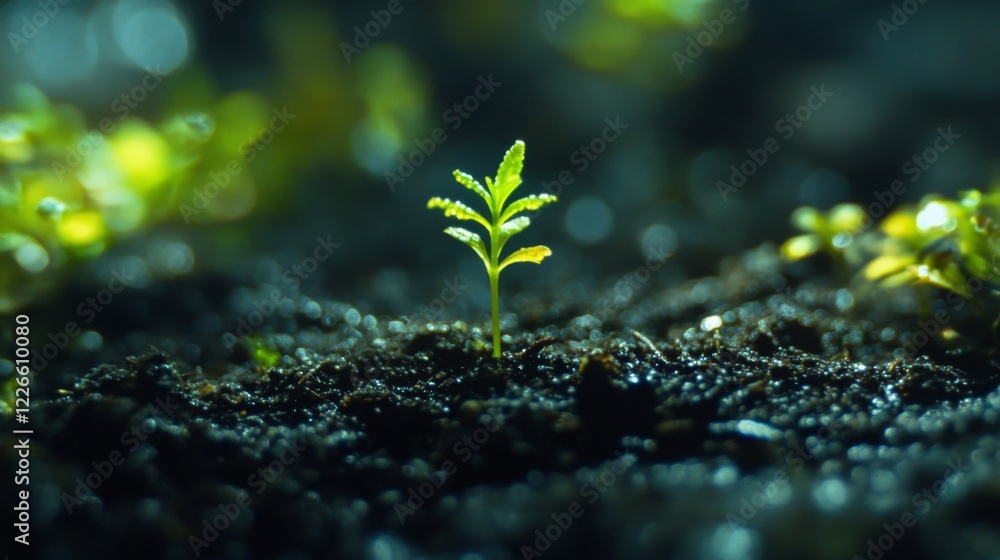 Poster a close-up of a tiny green seedling sprouting from rich, dark soil, illuminated by soft sunlight in 