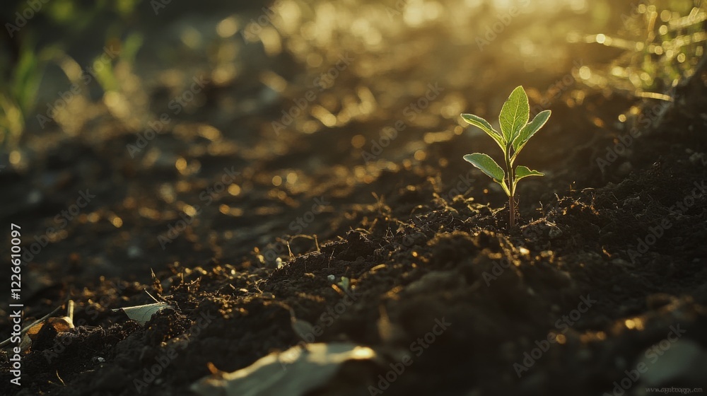 Poster a close-up of a tiny green seedling sprouting from rich, dark soil, illuminated by soft sunlight in 