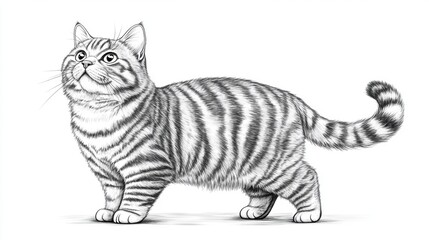 Black and White Sketch of a Playful Domestic Cat Strolling Gracefully