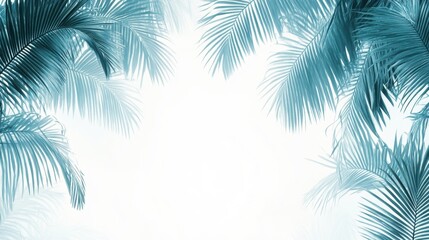Tropical Palm Leaves Frame on Soft White Background with Blue Tint