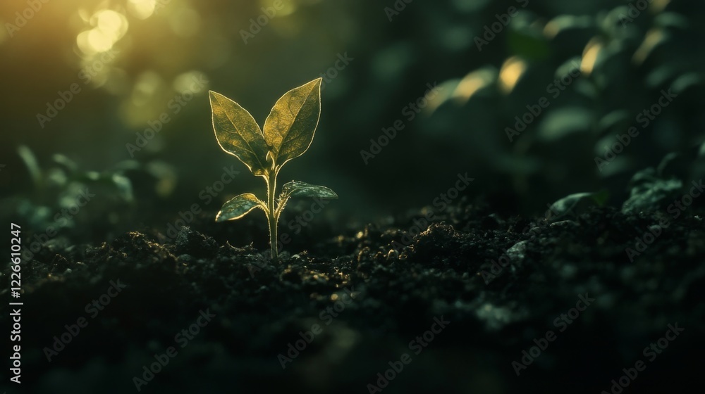 Poster a close-up of a tiny green seedling sprouting from rich, dark soil, illuminated by soft sunlight in 