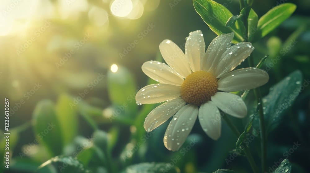 Poster A close-up of a white daisy with dew drops resting on its petals, with soft light filtering through the background leaves.