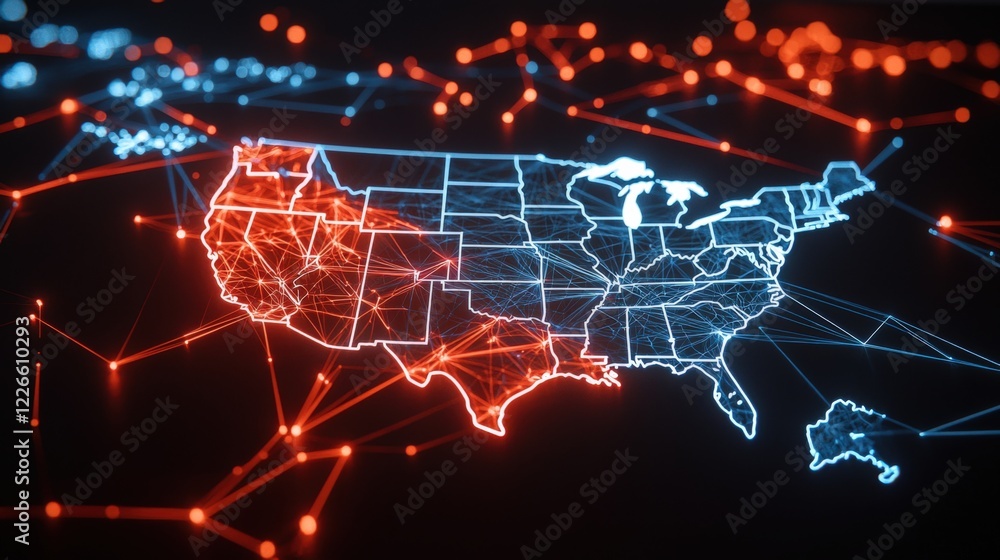 Poster mapping connectivity data visualization of network traffic across the united states technology digit