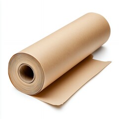 Fototapeta premium Large Roll of Unrolled Brown Kraft Paper on White Background, Studio Shot