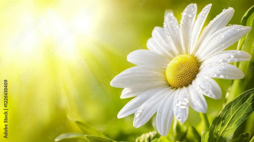 Poster A close-up of a white daisy with dew drops resting on its petals, with soft light filtering through the background leaves.
