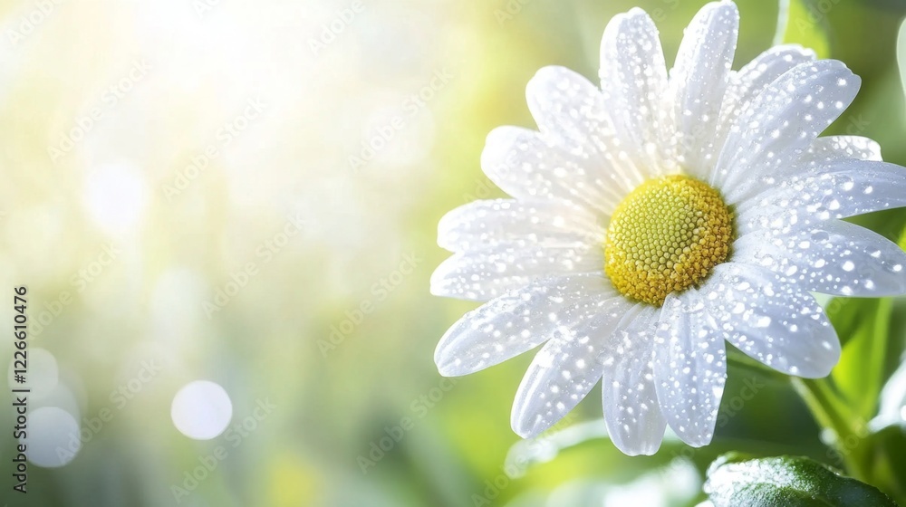 Poster A close-up of a white daisy with dew drops resting on its petals, with soft light filtering through the background leaves.