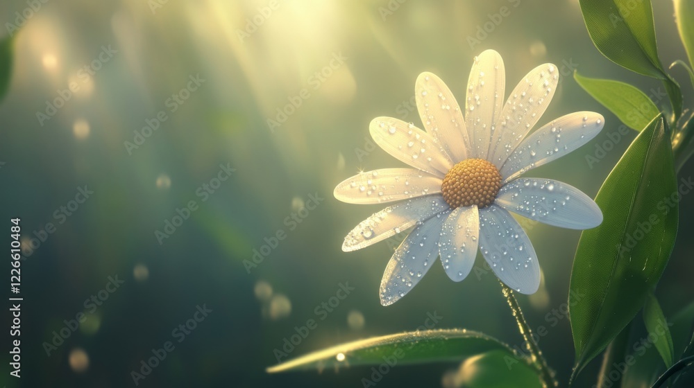 Poster A close-up of a white daisy with dew drops resting on its petals, with soft light filtering through the background leaves.