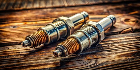 Rustic Indonesian Motorcycle Spark Plugs on Wood: Bicycle Repair Concept