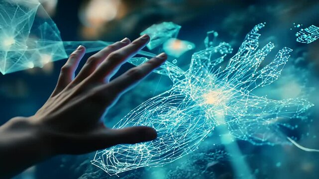 Futuristic hand reaching out to a holographic squid-like creature amidst a digital landscape
