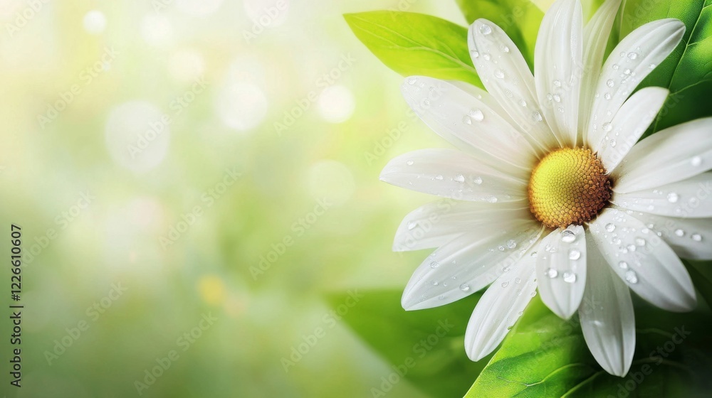 Poster A close-up of a white daisy with dew drops resting on its petals, with soft light filtering through the background leaves.