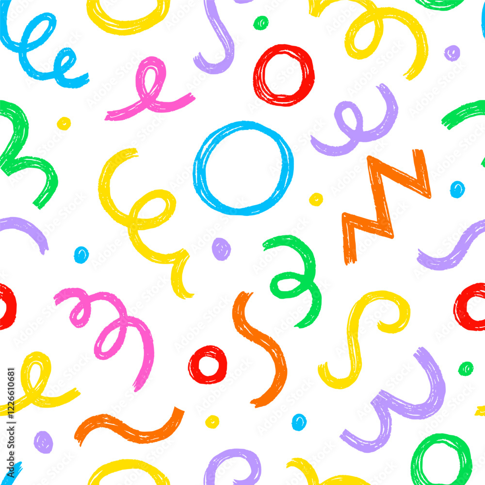 Aufkleber Kid seamless pattern child fun shape squiggle confetti background. Hand drawn color crayon background fun child squiggle shape. Crayon color confetti abstract seamless pattern vector illustration