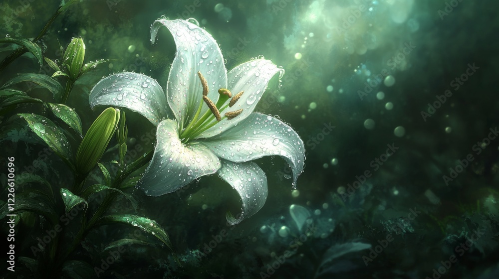 Poster a close-up of a white lily with water droplets glistening on its soft petals, surrounded by greenery