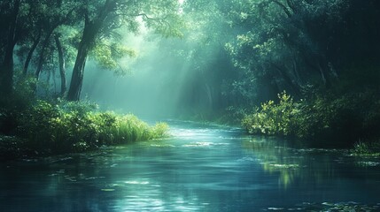 Fototapeta premium A tranquil river flowing through a forest representing serenity, with gentle currents and soft light, inviting peace and mindfulness