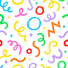 Kid seamless pattern child fun shape squiggle confetti background. Hand drawn color crayon background fun child squiggle shape. Crayon color confetti abstract seamless pattern vector illustration
