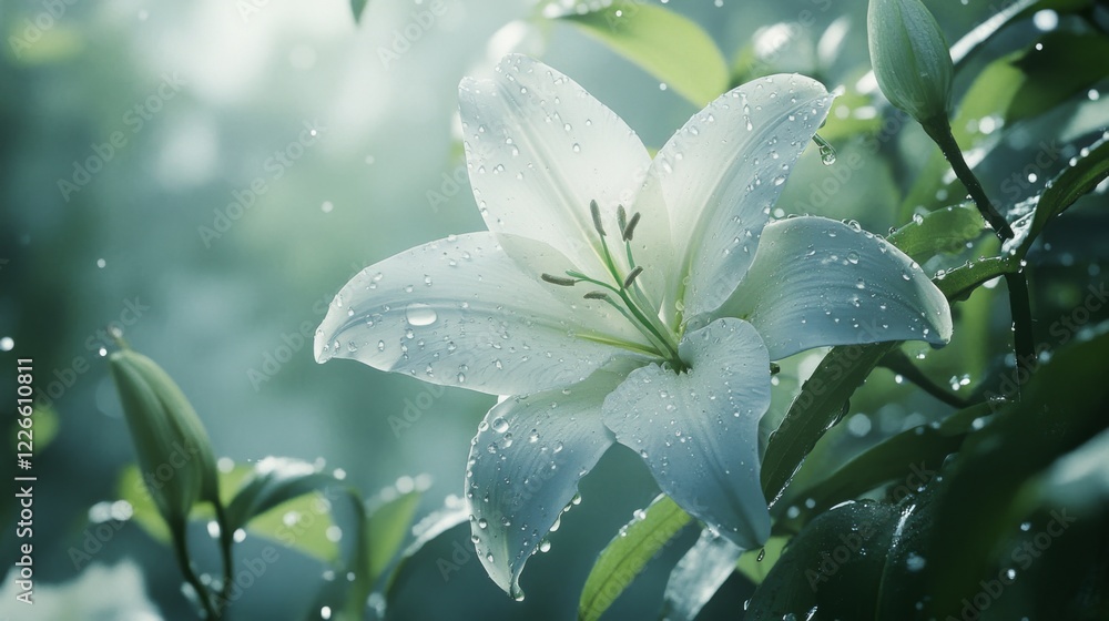 Poster a close-up of a white lily with water droplets glistening on its soft petals, surrounded by greenery