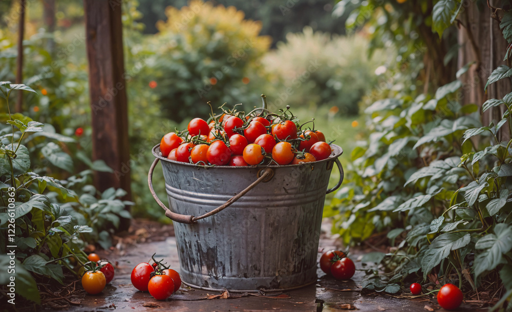 Poster a bucket full of ripe red tomatoes. the bucket is placed on a path surrounded by plants. scene is wa