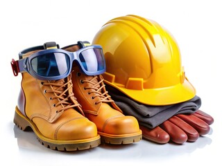 Safety Gear Essentials: Protective Gloves, Goggles, Helmet, Apron, and Boots Isolated on White Background