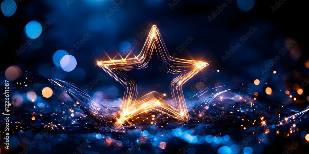 Poster a glowing star shape surrounded by shimmering lights and swirling patterns on a dark, blur backgroun