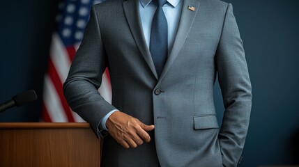 Confident Businessman in Suit with American Flag Background
