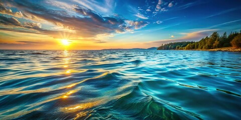 Obraz premium Serene Sunset: Teal Blue Ocean Water Texture, Breezy Waves & Calm Lake Surface - Relaxing Nature Wallpaper