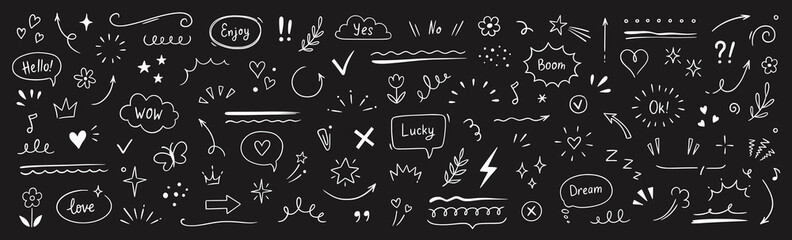 Cute line sketch star, arrow, heart decoration element icon set. Hand drawn sketch doodle cute star, emphasis, flower element. Pen line text decoration shape icon. Chalkboard vector illustration.