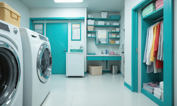 High-tech laundry room in bright teal, with self-cleaning washing machines that detect and adjust cleaning modes based on fabric types.