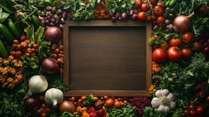 Fresh vegetables and herbs arranged around a wooden frame, ready for recipe or menu display