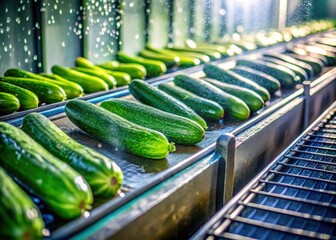 Silhouette of Cucumbers Washing on Conveyor Belt at Canning Factory