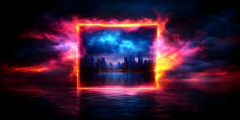 Fototapeta premium A futuristic cityscape viewed through a glowing rectangular portal, surrounded by dramatic clouds and reflections on water. Concept Futuristic Cityscape, Glowing Portal, Dramatic Clouds