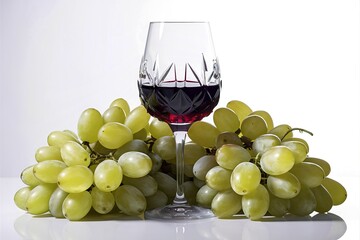 red wine glass filled to the brim, sitting next to a bunch of grapes