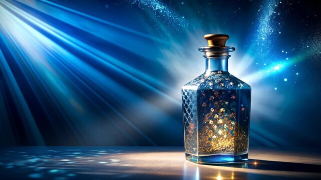 Mystical Blue Potion Bottle with Glowing Particles against Ethereal Light Background