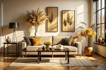Fototapeta premium Silhouette Photography: Stylish Neutral Living Room Interior Design Mockup