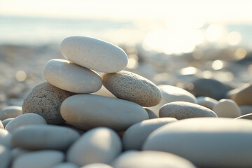 Serene beach scene featuring a balanced stack of smooth pebbles on a sunlit shoreline