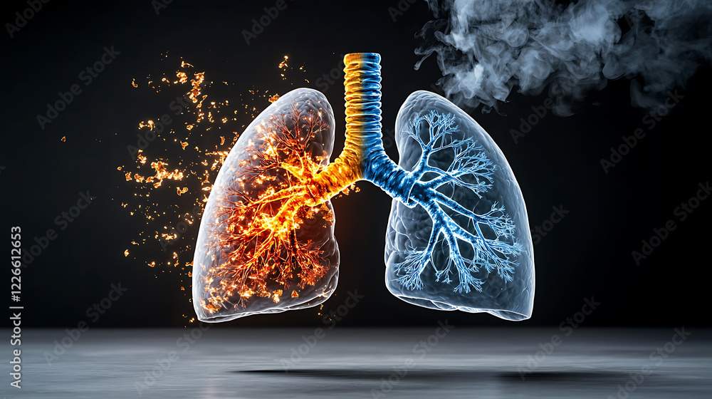 Poster visualizing lung function fire and ice concept scientific illustration abstract environment dynamic 