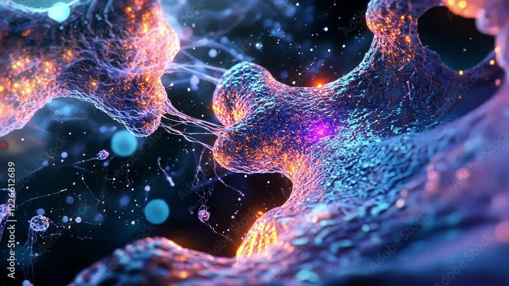 Poster microscopic view of manufacturing nanobots creating a complex structure, with glowing lights and int