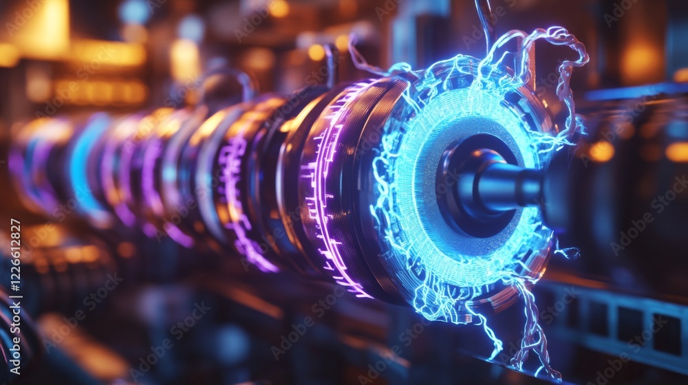 Aufkleber a close-up view of vibrant electric waves pulsing through cables in a high-tech industrial setting, 