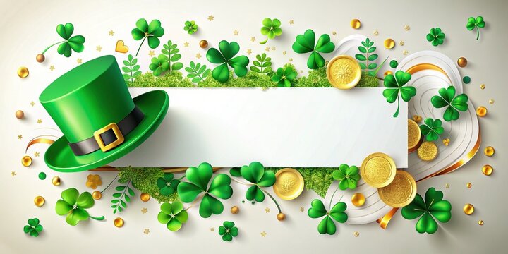 St. Patrick's Day Festive Border: Shamrocks, Hats, Coins & Ribbon on White Banner