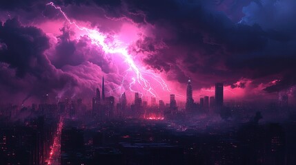 Obraz premium A stormy sky over a cityscape symbolizing inner turmoil, with dark clouds and lightning, capturing the intensity of emotional struggle 