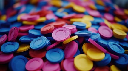 Colorful Stack of Chips in Bright Blue, Pink, Red, and Yellow Shades
