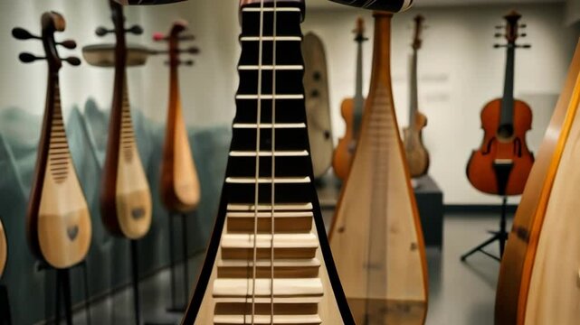 A striking display of traditional string instruments in a museum