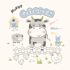 Adorable and cool cow standing on a lush farmland in a vibrant vector illustration.
