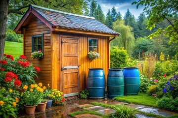 Sustainable Gardening: Rain Barrel Water Harvesting System for Garden Shed