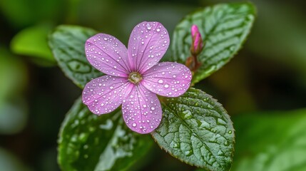A delicate pink flower with water droplets on its petals, resting gently on green leaves, captured in early morning light.